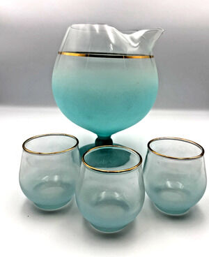 Vintage WV Blendo Cocktail Set Pitcher Snifter Roly Poly Glasses Aqua Gold Trim